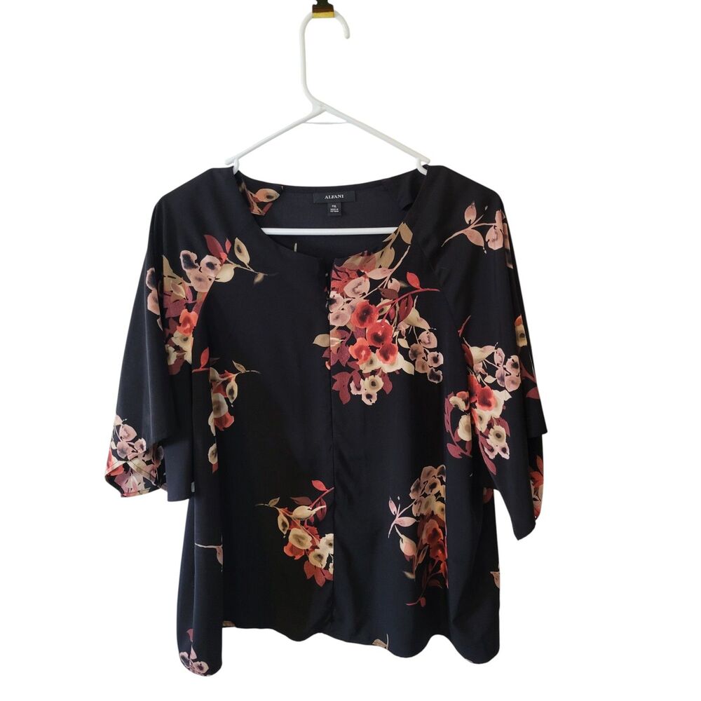 Alfani Women's Black Floral Short Sleeve Zipper Blouse Petite XL